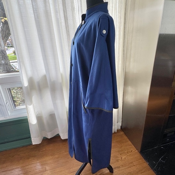 Vintage 80s coat, cobalt blue, kaki suede details, flutter sleeves, Salko - Picture 4 of 15